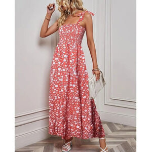Women's Summer Boho Spaghetti Strap Square Neck Ruffle red  Floral Long Dress